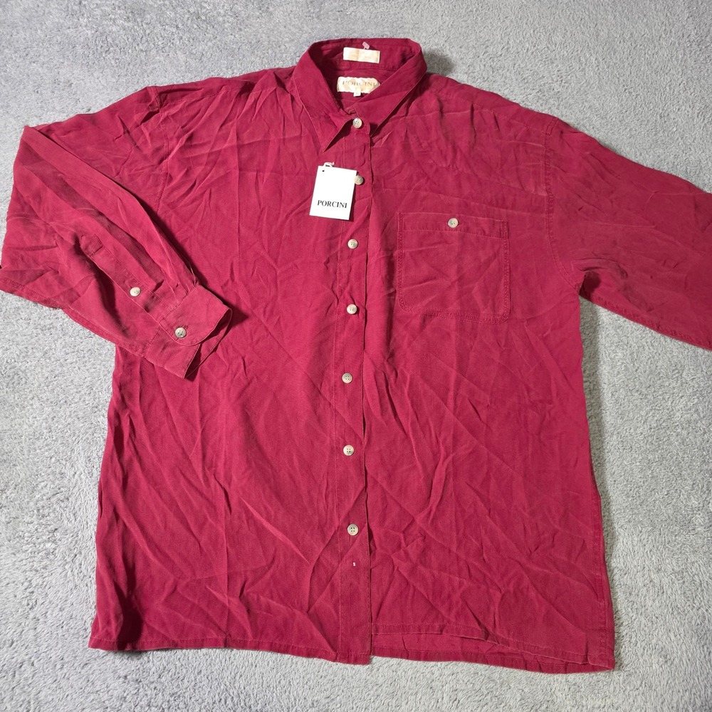 Porcini Mens L Button Down Shirt Burgundy 100% Sandwashed Silk Ribbed Texture